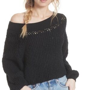 Free People Pandora Boatneck Cropped Full Sleeve Sweater SZ S Black